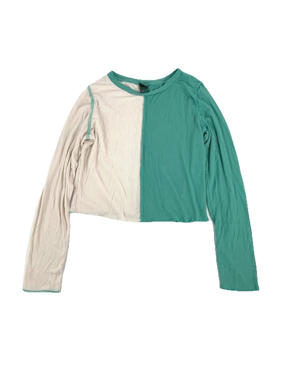 Wild Fable Ribbed Long Sleeve Crop Top Size Large Womens Green White Colorblock